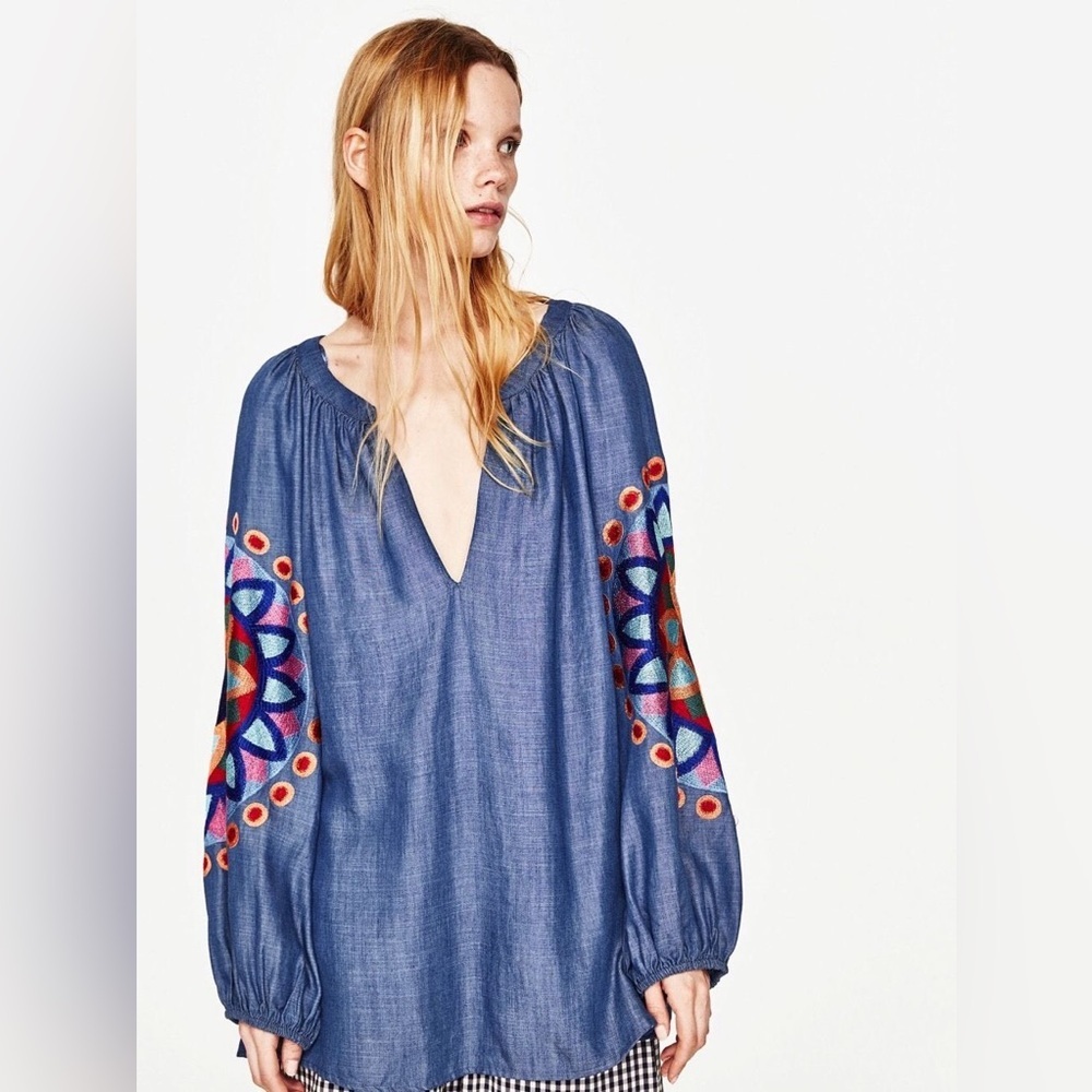 Zara Chambrey Top with Embroidered Sleeves